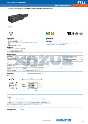 4732 datasheet - IEC Plug E, Cord Connector (Rewireable), Straight, max. cable Diameter 8.5 mm