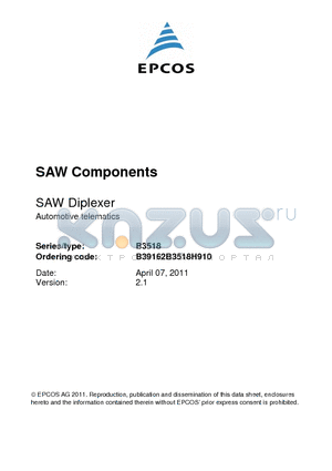 B3518 datasheet - SAW Diplexer Automotive telematics