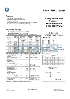 ES1J datasheet - 1 Amp Super Fast Recovery Silicon Rectifier 50 to 1000 Volts