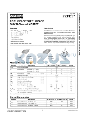 FQPF11N50CF datasheet - 500V N-Channel MOSFET