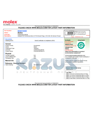 830410005 datasheet - Jackpost for Commercial Micro-D PCB Mount Plugs, 2-56 UNC-2B Internal Thread