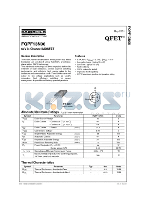 FQPF13N06 datasheet - 60V N-Channel MOSFET