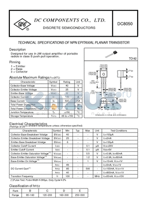 DC8050 datasheet - TECHNICAL SPECIFICATIONS OF NPN EPITAXIAL PLANAR TRANSISTOR