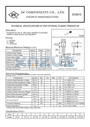 DC9012 datasheet - TECHNICAL SPECIFICATIONS OF PNP EPITAXIAL PLANAR TRANSISTOR