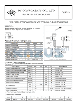 DC9013 datasheet - TECHNICAL SPECIFICATIONS OF NPN EPITAXIAL PLANAR TRANSISTOR