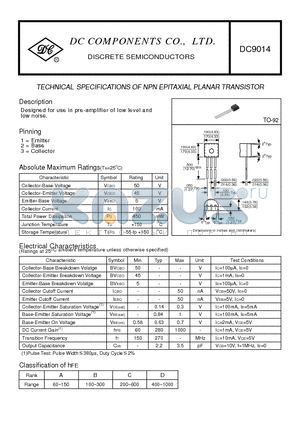 DC9014 datasheet - TECHNICAL SPECIFICATIONS OF NPN EPITAXIAL PLANAR TRANSISTOR