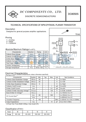 DC8050S datasheet - TECHNICAL SPECIFICATIONS OF NPN EPITAXIAL PLANAR TRANSISTOR