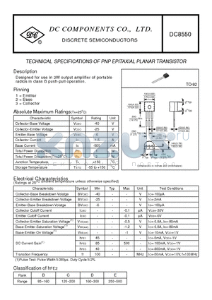 DC8550 datasheet - TECHNICAL SPECIFICATIONS OF PNP EPITAXIAL PLANAR TRANSISTOR