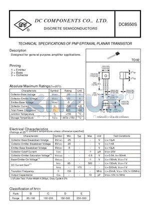 DC8550S datasheet - TECHNICAL SPECIFICATIONS OF PNP EPITAXIAL PLANAR TRANSISTOR