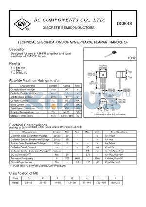 DC9018 datasheet - TECHNICAL SPECIFICATIONS OF NPN EPITAXIAL PLANAR TRANSISTOR