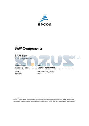 B3717 datasheet - SAW Components SAW filter 866.50 MHz