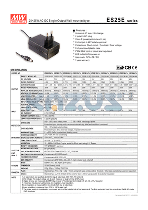 ES25E05-050 datasheet - 20~25WAC-DC Single Output Wall-mounted type