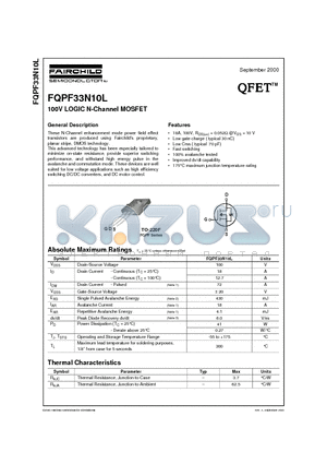 FQPF33N10L datasheet - 100V LOGIC N-Channel MOSFET