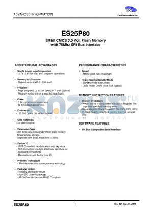 ES25P80-75CC2Y datasheet - 8Mbit CMOS 3.0 Volt Flash Memory with 75Mhz SPI Bus Interface