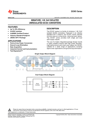 DCH010515D datasheet - MINIATURE, 1-W, 3-kV ISOLATED UNREGULATED DC/DC CONVERTERS