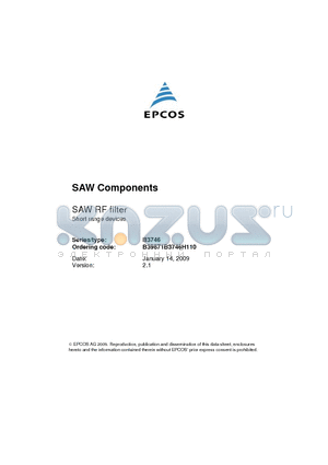 B3746 datasheet - SAW RF filter Short range devices