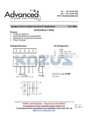 ACTX2748D/36.17/SIP5D datasheet - Bandpass Filter for Digital Terrestrial TV Applications