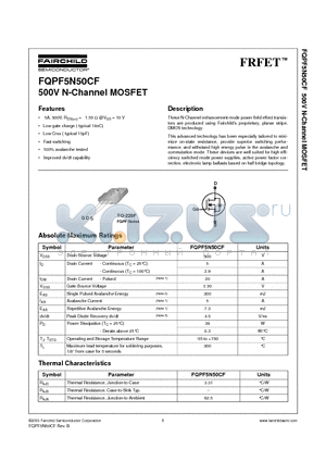 FQPF5N50CF datasheet - 500V N-Channel MOSFET