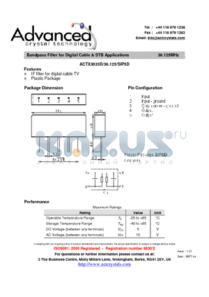 ACTX3033D/36.125/SIP5D datasheet - Bandpass Filter for Digital Cable & STB Applications