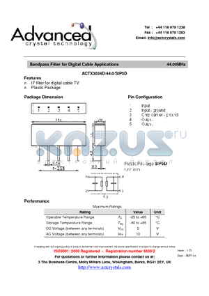 ACTX3034D datasheet - Bandpass Filter for Digital Cable Applications