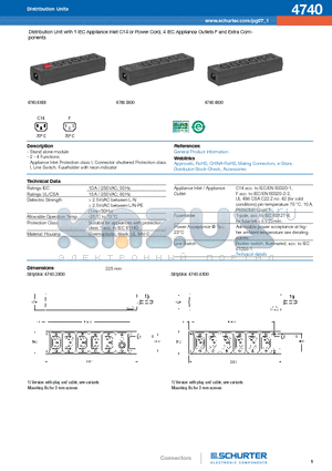 4740 datasheet - Distribution Unit with 1 IEC Appliance Inlet C14 or Power Cord, 4 IEC Appliance Outlets F and Extra Components