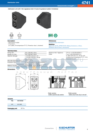 4741 datasheet - Distribution Unit with 1 IEC Appliance Inlet C14 and 2 Appliance Outlets F, Shuttered