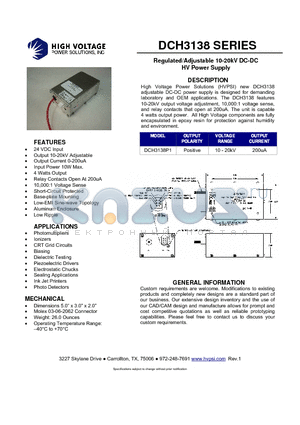 DCH3138P1 datasheet - Regulated/Adjustable 10-20kV DC-DC HV Power Supply