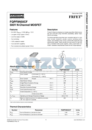 FQPF9N50CF datasheet - 500V N-Channel MOSFET