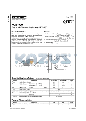 FQS4900 datasheet - Dual N & P-Channel, Logic Level MOSFET
