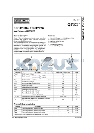 FQU17P06 datasheet - 60V P-Channel MOSFET