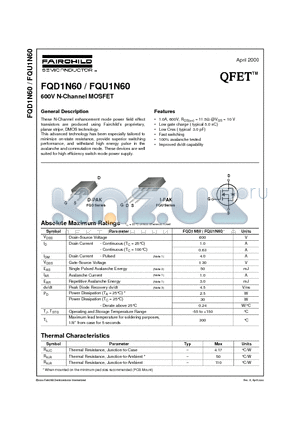 FQU1N60 datasheet - 600V N-Channel MOSFET