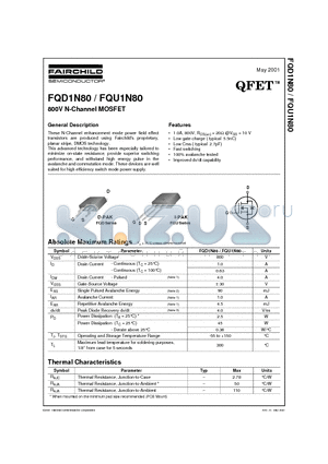 FQU1N80 datasheet - 800V N-Channel MOSFET