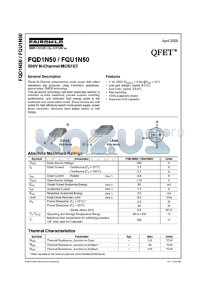 FQU1N50 datasheet - 500V N-Channel MOSFET