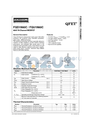 FQU1N60C datasheet - 600V N-Channel MOSFET