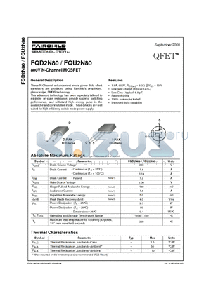 FQU2N80 datasheet - 800V N-Channel MOSFET