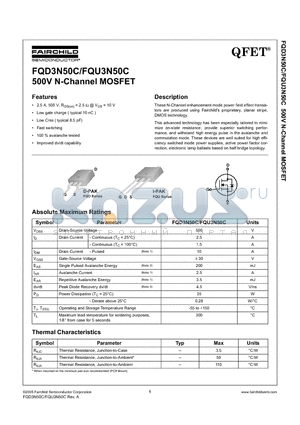 FQU3N50C datasheet - 500V N-Channel MOSFET