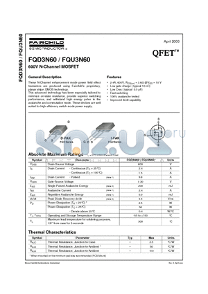 FQU3N60 datasheet - 600V N-Channel MOSFET