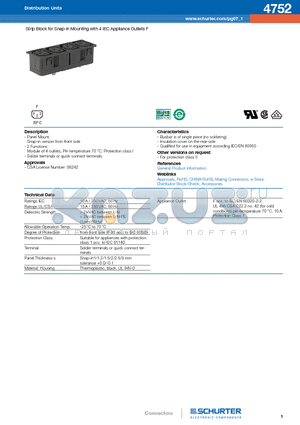 4752 datasheet - Strip Block for Snap-in Mounting with 4 IEC Appliance Outlets F