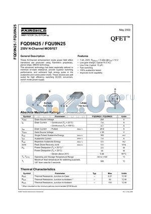 FQU9N25 datasheet - 250V N-Channel MOSFET