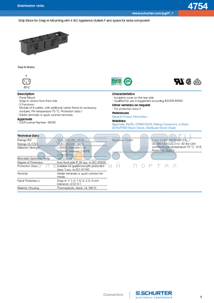 4754 datasheet - Strip Block for Snap-in Mounting with 4 IEC Appliance Outlets F and space for extra component