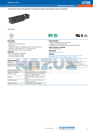 4758.3200 datasheet - Strip Block for Snap-in Mounting with 4 IEC Appliance Outlets F and Space for 2 Extra Components