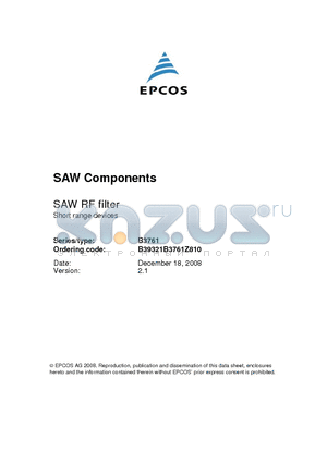 B3761 datasheet - SAW RF filter Short range devices