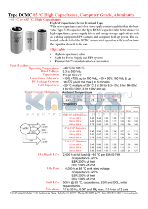 DCMC100U063AA0BS datasheet - 85C High Capacitance, Computer Grade, Aluminum