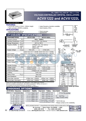 ACVX1222 datasheet - TTL / CMOS FULL-SIZE DIP 5Vdc or 3.3Vdc VOLTAGE-CONTROLLED CRYSTAL OSCILLATORS