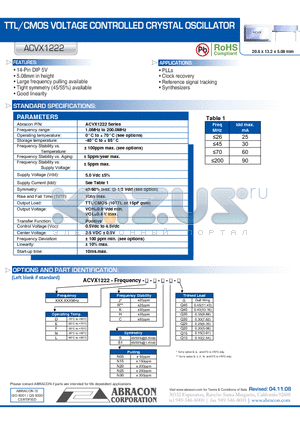 ACVX1222 datasheet - TTL/CMOS VOLTAGE CONTROLLED CRYSTAL OSCILLATOR