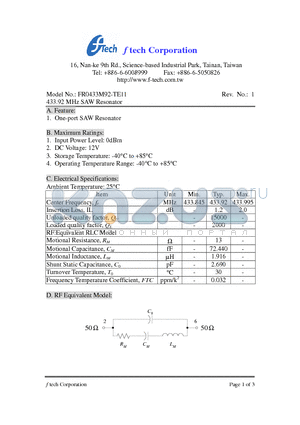 FR0433M92-TE11 datasheet - 433.92 MHz SAW Resonator