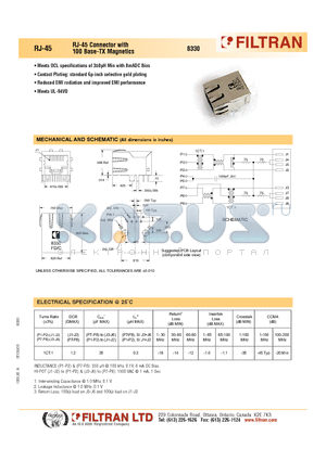 8330 datasheet - RJ-45 Connector with 100 Base-TX Magnetics