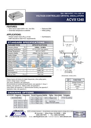 ACVX1240 datasheet - 5Vdc SINE OUTPUT FULL-SIZE DIP VOLTAGE-CONTROLLED CRYSTAL OSCILLATORS