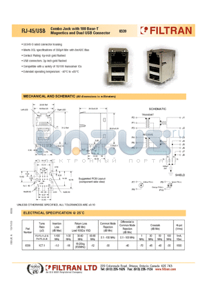 8339 datasheet - RJ-45/USB Combo Jack with 100 Base-T Magnetics and Dual USB Connector