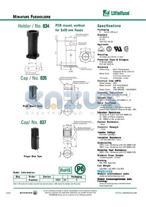 834 datasheet - PCB mount, vertical for 5x20 mm Fuses